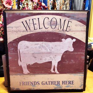 Very warm and welcoming Cow Friends gather here wooden sign. SHIPS FREE